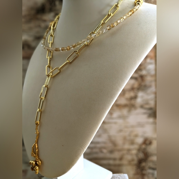 Natural Citrine And Gold Beads In Long Two Strand Gold Paperclip Necklace - Picture 4 of 12